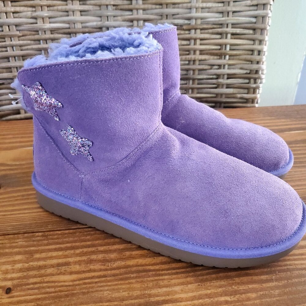 Koolaburra By UGG Purple Suede Kids Boots Glitter Stars Faux Fur Lining Size 4 - Picture 2 of 9